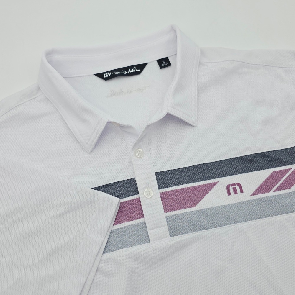 Travis Mathew Mens XL White Striped Performance Golf Polo Shirt Short Sleeve
